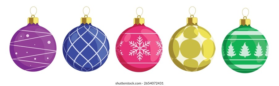 Bolas de Natal impressas e conjunto de clipart padrão. Bola de Natal colorida elementos de decoração festiva clip art com ziguezague, xadrez, flocos de neve, círculo e pinheiros coleção de design gráfico vetor 