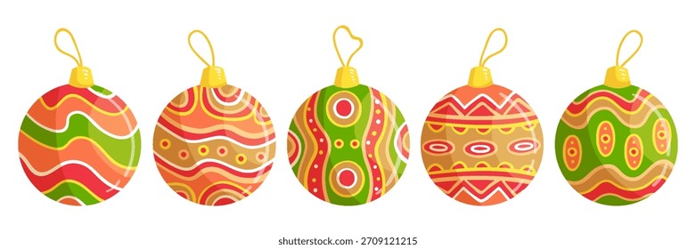 Bolas de Navidad impresas y patrón Clipart conjunto. Verde y rojo bola de Navidad decoración Elementos Clip arte con espiral, curva, copos de nieve y colección de Diseño gráfico de estrellas para el Vector de la temporada de vacaciones