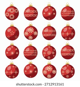 Bolas de Natal impressas e conjunto de clipart padrão. Verde e vermelho xmas bola decoração elementos clip art com espiral, curva, flocos de neve e estrela coleção de design gráfico para vetor de temporada de férias