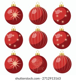 Christmas balls printed and pattern clipart set. Green and red xmas ball decoration elements clip art with spiral, curve, snowflakes and star graphic design collection for holiday season vector