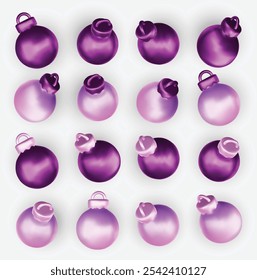 Christmas balls purple vector set design. Christmas red and gold ball ornament. Vector illustration 3d realistic bauble