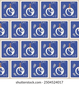 Christmas balls quilted seamless pattern. Patchwork New Year repeat background. Glass baubles post stamps holiday season surface pattern design. Vector hand drawn flat illustration.