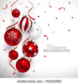 Christmas balls of red color with red ribbons and confetti. Vector illustration