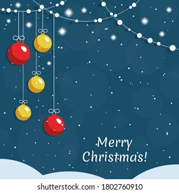 Christmas balls red and gold hanging on garlands of beads with handwritten text Merry Christmas on blue background. Vector stock illustration for holiday decoration.