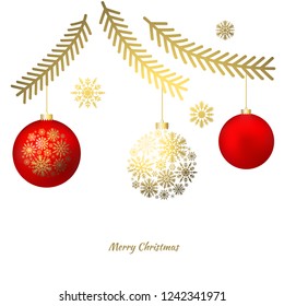 Christmas balls. Red. Gold. Snowflakes. Vector illustration. White background.