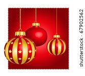 Christmas balls in red and golden colors. 3d balls hanging on golden beads string