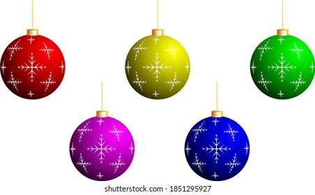 Christmas balls of red, green, blue, yellow and purple colors for decorating the Christmas tree. Vector illustration of balloons with snowflakes applied. For use as blanks.