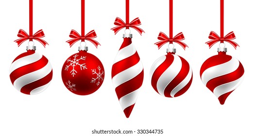 Christmas balls with red ribbon and bow isolated on white. Vector illustration