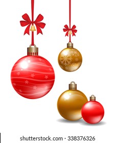 Christmas balls with red ribbon and bow isolated on white background. Vector illustration.