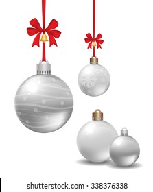 Christmas balls with red ribbon and bow isolated on white background. Vector illustration.