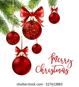 Christmas balls with red ribbon and bows on white background. Vector Illustration.