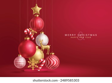 Christmas balls red vector design. Merry christmas greeting text with hanging balls, bauble, gold deer, stars and snowflakes decoration ornaments in red elegant background. Vector illustration holiday