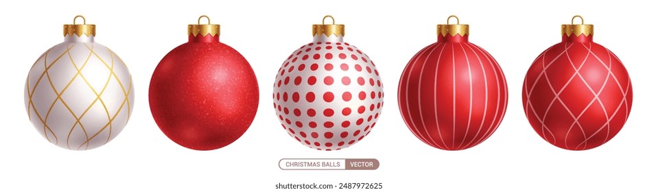 Christmas balls red vector set design. Christmas red and silver ball ornament with elegant shiny and glitter pattern for xmas round shape elements collection. Vector illustration 3d realistic bauble 