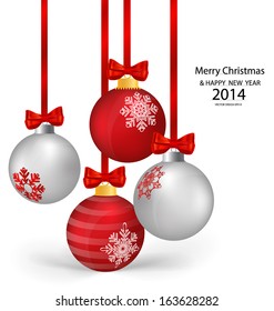 Christmas balls with ribbon and bow, vector illustration.