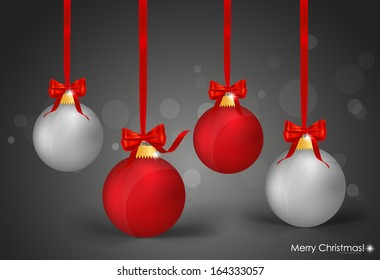 Bolas de Navidad con cinta y arco, ilustración vectorial.