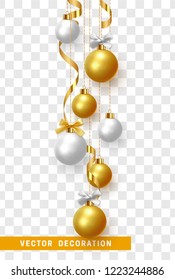 Christmas balls with ribbon and bow. Xmas decorative bauble realistic isolated on transparent background