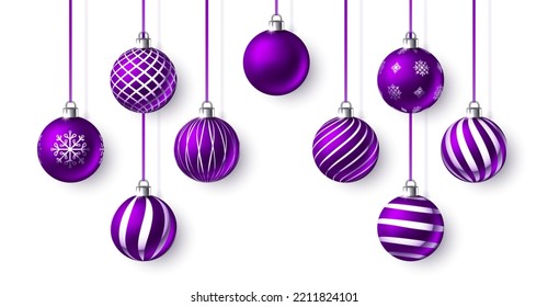 Christmas balls with ribbons isolated on white background. Baubles hanging on string. Glass toy with painted snowflake ornament. Greeting card template. Beautiful banner or poster. Vector illustration