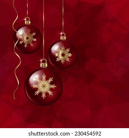 Christmas balls and ribbons on abstract triangles vector background in red tones.