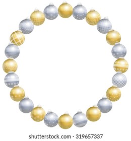 Christmas balls, round frame, gold, silver, different ornaments and patterns, twenty-four items - isolated vector illustration on white background.