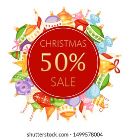 Christmas balls sale 50 discount vector illustration. Red round label with golden sale letters and holiday new year christmas balls isolated on white.