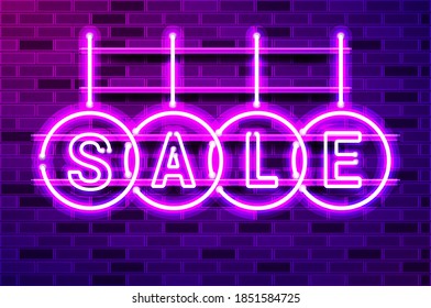 Christmas balls sale glowing neon lamp sign. Realistic vector illustration. Purple brick wall, violet glow, metal holders.