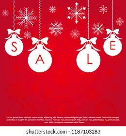 Christmas balls sale poster template. Xmas sale background. Winter holiday discount offer clearance red template.