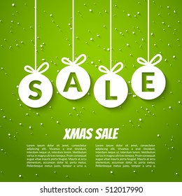 Christmas balls sale poster template. Xmas sale background. Winter holiday discount offer clearance red template..