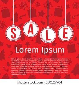 Christmas balls sale red background. Winter holiday discount template. Vector illustration