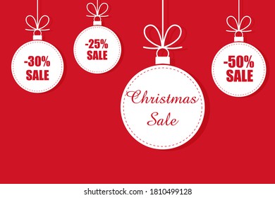 Christmas balls sale. Special offer vector tag. New year holiday card template. Shop market poster design.