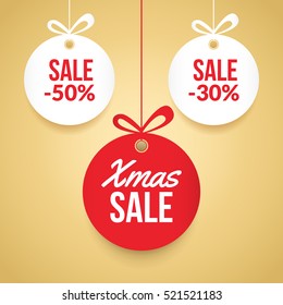 Christmas Balls Sale. Special Offer Vector Tag. New Year Holiday Card Template. Shop Market Poster Design.