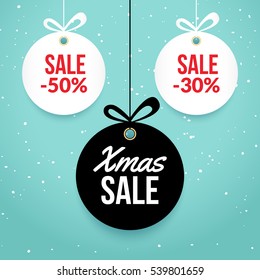 Christmas Balls Sale. Special Offer Vector Tag. New Year Holiday Card Template. Shop Market Poster Design.