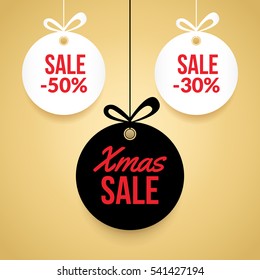 Christmas balls sale. Special offer vector tag. New year holiday card template. Shop market poster design