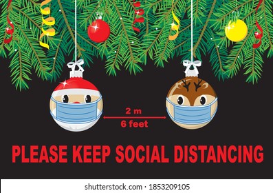 Christmas balls Santa and elf in mouth masks banner. COVID-19 and social distancing info banner.