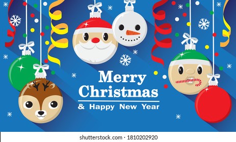 Christmas  balls with santa, elf, snowman, and deer faces banner