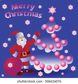 Christmas balls and Santa. Merry Christmas. Greeting card, banner, poster, leaflet.