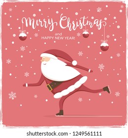 Christmas balls and Santa is skating on red snowy background. Lettering Merry Christmas and Happy New Year, illustration.