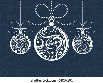christmas balls with scrolls ornaments on decorated background in vector format very easy to edit