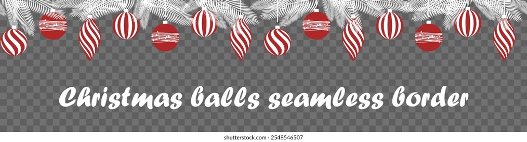 Weihnachtsbälle nahtlose Grenze. eine endlose Textur von hängenden bunten Weihnachtsdekorationen, Tannenzweigen. einzeln auf kariertem Hintergrund. Element für Design, Karte, Kulisse, Website-Header