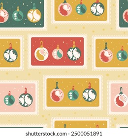 Christmas balls seamless pattern. Bento box New Year repeat background. Glass baubles retro post stamps holiday season surface pattern design. Vector hand drawn flat illustration.