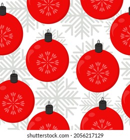 Christmas balls seamless pattern, bright red Xmas decorations and snowflakes on white vector illustration