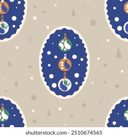 Christmas balls seamless pattern. Christmas glass baubles repeat background. Oval xmas emblem retro holiday season surface pattern design. Vector hand drawn illustration.