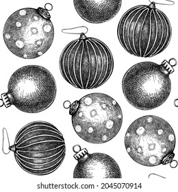 Christmas balls seamless pattern. Hand sketched Christmas tree decorations backdrop. Perfect for greeting cards, invitations, flyers, banners, packaging. Decorative glass balls background