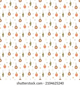 Christmas balls seamless pattern. Hand drawn unique Xmas vintage texture. New Year banner. Noel decor. Festive card. Cartoon design. Poster, flyer, party invitation. Vector illustration.