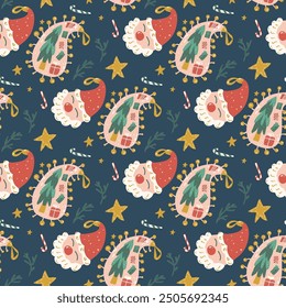 Christmas balls seamless pattern. Happy New Year paisley endless background. Winter holiday repeat cover. Santa Claus and Christmas tree continuous surface. Vector hand drawn flat illustration.