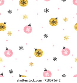 Christmas balls seamless pattern. Holiday vector background in pink and golden colors