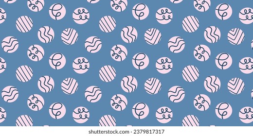 Christmas balls seamless pattern. Modern Xmas design in blue and pink colors in naive style. Hand drawn doodle pattern for gift packaging, wrapping paper, textile. Christmas background