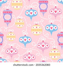 Christmas balls seamless pattern on pink background in cartoon style for wrapping paper or fabric for winter holidays