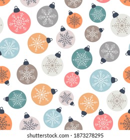 Christmas balls seamless pattern, scandinavian style Christmas tree decorations, vector illustration  in flat cartoon style