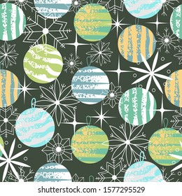 Christmas balls. seamless pattern. snowflakes. line drawing
