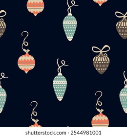Christmas balls, seamless pattern. Vintage christmas balls on the Navy Blue background.